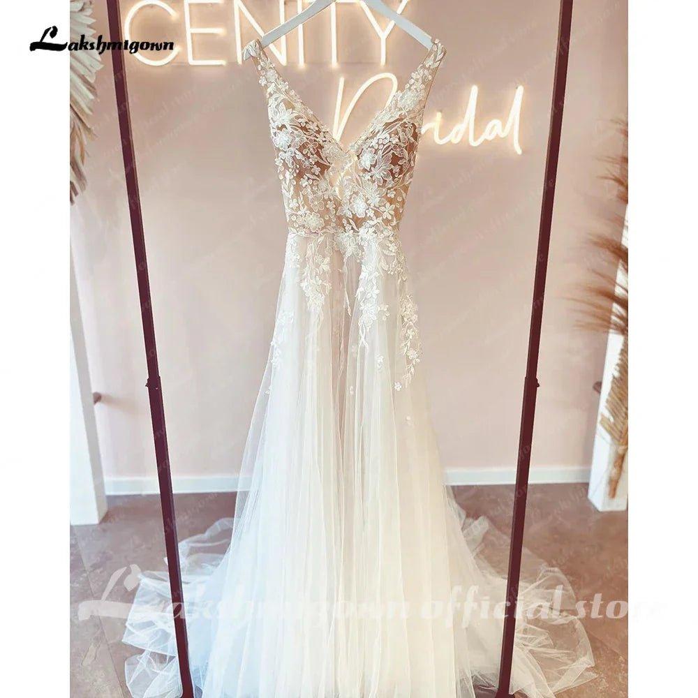 NumberSea Lace Bodice A Line Beach Boho Wedding Gowns with V Neck Spaghetti Straps Bridal Dress robe de mariage