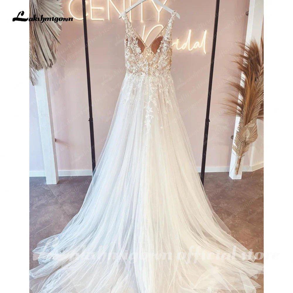 NumberSea - NumberSea Lace Bodice A Line Beach Boho Wedding Gowns with V Neck 2025 Spaghetti Straps Bridal Dress robe de mariage