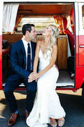 NumberSea - NumberSea Lace Mermaid Spaghetti Straps V - neck Backless Beach Wedding Dresses, MW672