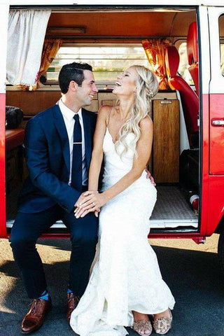 NumberSea - NumberSea Lace Mermaid Spaghetti Straps V - neck Backless Beach Wedding Dresses, MW672