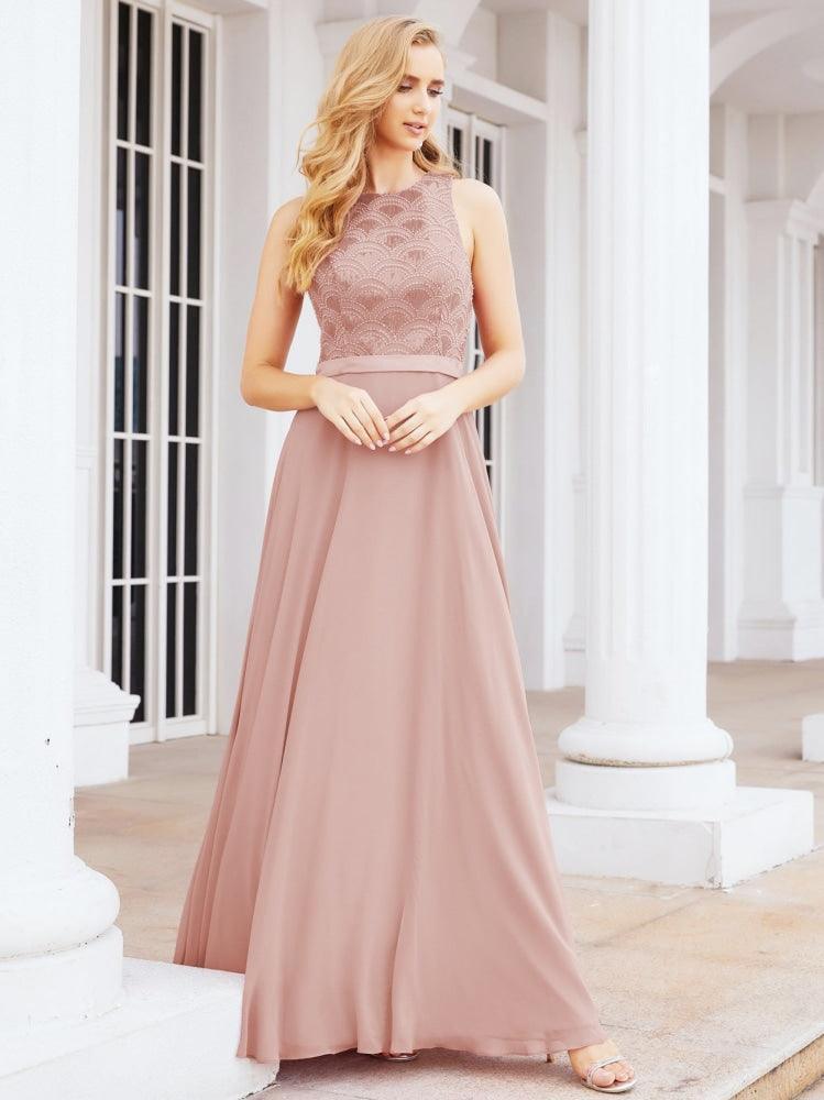 NumberSea - Numbersea Ladies Sleeveless Round Neck Chiffon Beaded and Floor Length Bridesmaid Dress Party Wedding Prom Evening Dress 28075