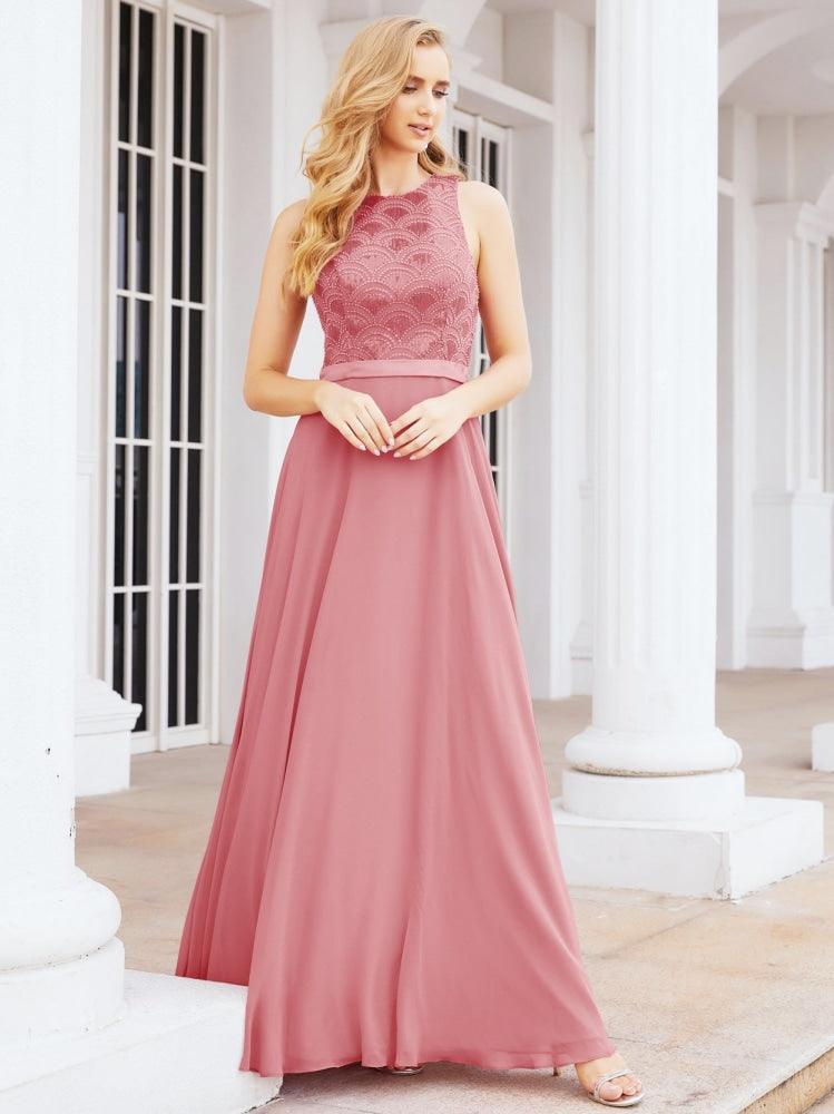 NumberSea - Numbersea Ladies Sleeveless Round Neck Chiffon Beaded and Floor Length Bridesmaid Dress Party Wedding Prom Evening Dress 28075