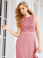 NumberSea - Numbersea Ladies Sleeveless Round Neck Chiffon Beaded and Floor Length Bridesmaid Dress Party Wedding Prom Evening Dress 28075
