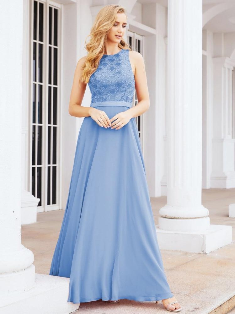 NumberSea - Numbersea Ladies Sleeveless Round Neck Chiffon Beaded and Floor Length Bridesmaid Dress Party Wedding Prom Evening Dress 28075