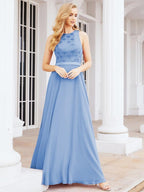 NumberSea - Numbersea Ladies Sleeveless Round Neck Chiffon Beaded and Floor Length Bridesmaid Dress Party Wedding Prom Evening Dress 28075
