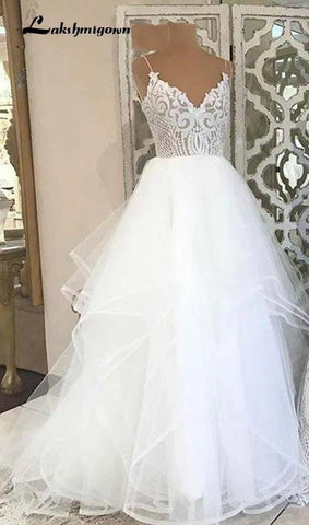 NumberSea - NumberSea lakshmigown V Neck Princess Tulle Wedding Dresses Thin Straps Puffy Bridal Dress Robes de Mariag A - line Wedding Dresses