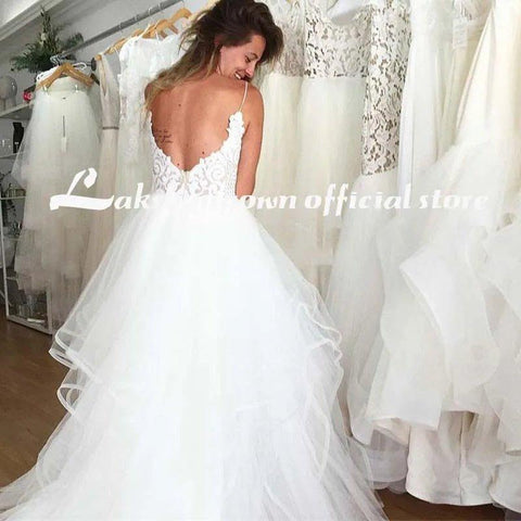 NumberSea - NumberSea lakshmigown V Neck Princess Tulle Wedding Dresses Thin Straps Puffy Bridal Dress Robes de Mariag A - line Wedding Dresses