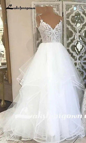 NumberSea - NumberSea lakshmigown V Neck Princess Tulle Wedding Dresses Thin Straps Puffy Bridal Dress Robes de Mariag A - line Wedding Dresses