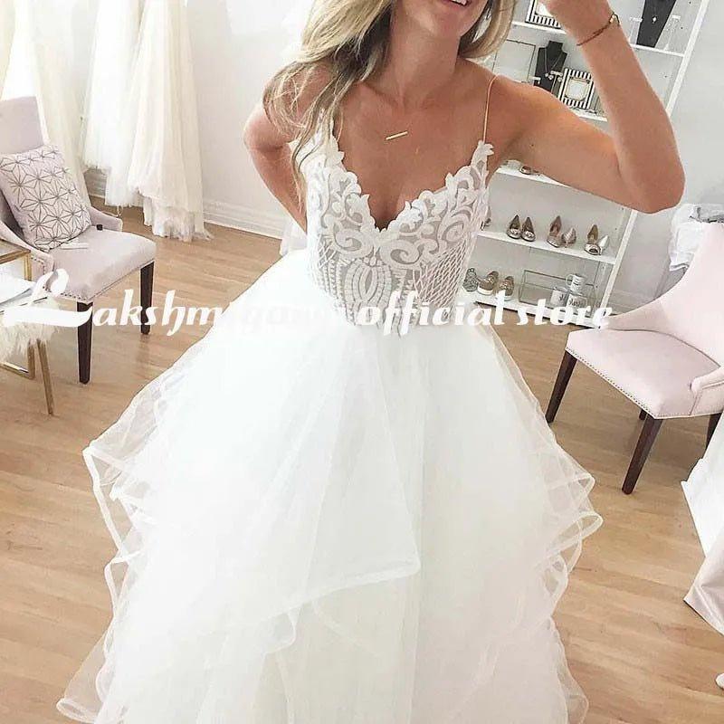 NumberSea - NumberSea lakshmigown V Neck Princess Tulle Wedding Dresses Thin Straps Puffy Bridal Dress Robes de Mariag A - line Wedding Dresses