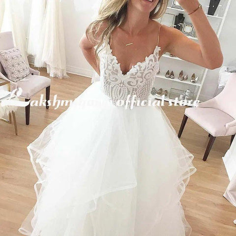 NumberSea - NumberSea lakshmigown V Neck Princess Tulle Wedding Dresses Thin Straps Puffy Bridal Dress Robes de Mariag A - line Wedding Dresses