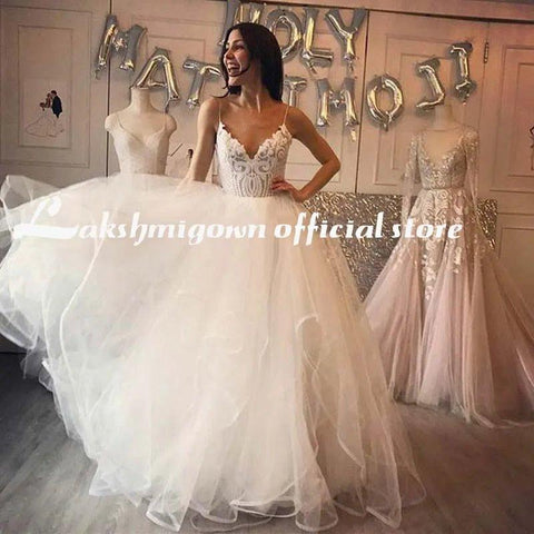 NumberSea - NumberSea lakshmigown V Neck Princess Tulle Wedding Dresses Thin Straps Puffy Bridal Dress Robes de Mariag A - line Wedding Dresses