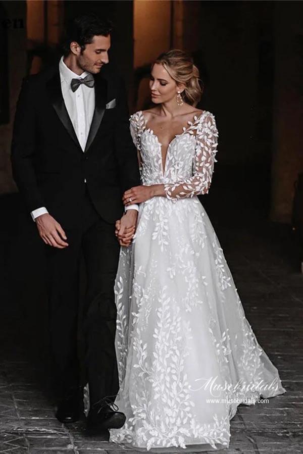 NumberSea - NumberSea Leaves Lace Tulle Long Sleeves Boho Wedding Dresses, Bridal Gown, MW962