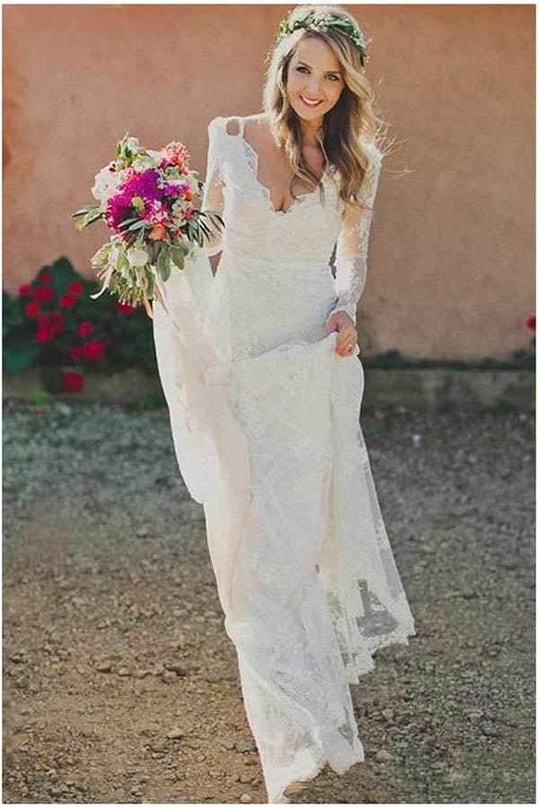 NumberSea - NumberSea Long Sleeve Lace V - Neck Ivory Vintage Beach Wedding Dresses,MW299