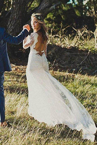 NumberSea - NumberSea Long Sleeve Lace V - Neck Ivory Vintage Beach Wedding Dresses,MW299