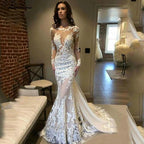 NumberSea - NumberSea Long Sleeves Lace Mermaid Wedding Dress Scoop Gelinlik Vestido De Noiva Court Train White Long Bride Dresses trouwjurk
