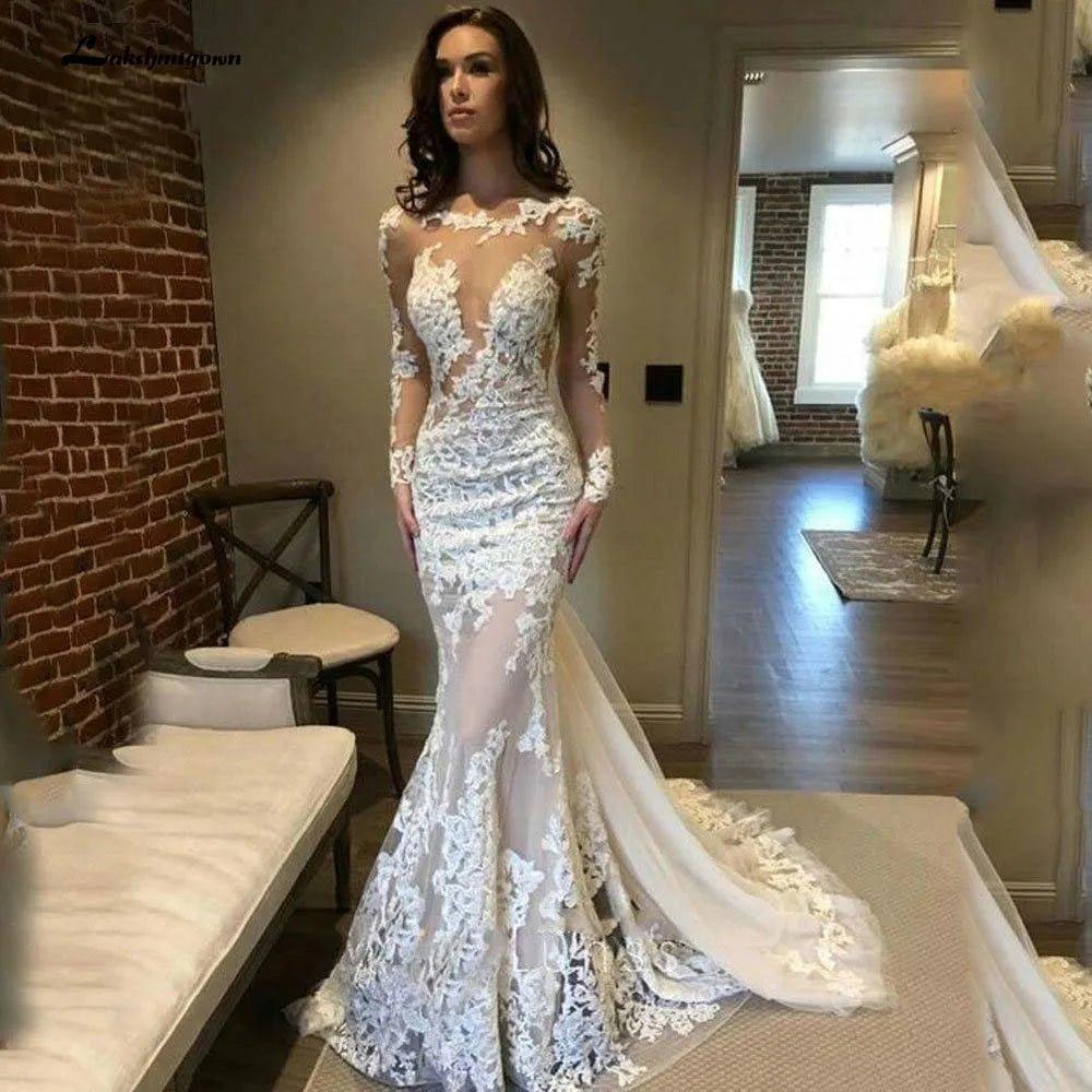 NumberSea - NumberSea Long Sleeves Lace Mermaid Wedding Dress Scoop Gelinlik Vestido De Noiva Court Train White Long Bride Dresses trouwjurk