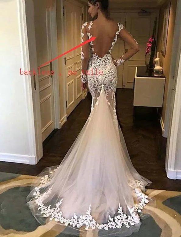 NumberSea - NumberSea Long Sleeves Lace Mermaid Wedding Dress Scoop Gelinlik Vestido De Noiva Court Train White Long Bride Dresses trouwjurk