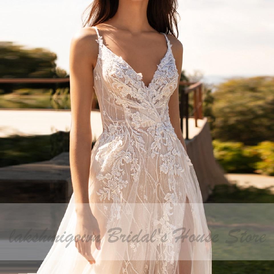 NumberSea Luxury Beaded Lace Bohemian Wedding Dress Spaghetti Straps S NumberSea Luxury Beaded Lace Bohemian Wedding Dress Spaghetti Straps S