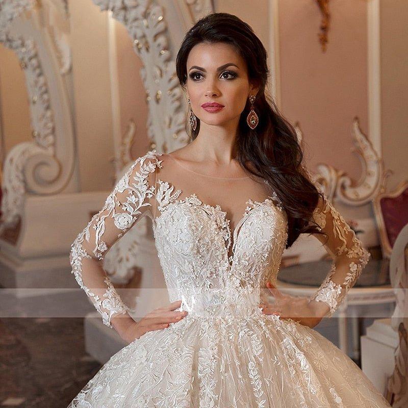 NumberSea - NumberSea luxury Long Sleeve Flowers Lace Ball Gown Wedding Dresses Chic Appliques Beaded Cathedral Vintage Train Bridal Gowns Talla Gran