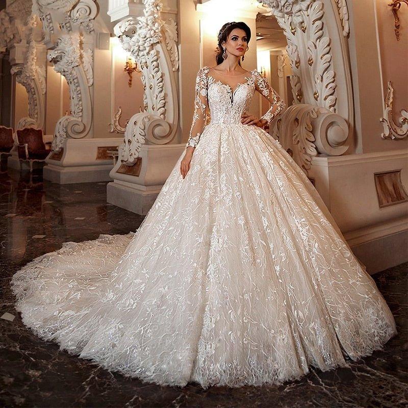 NumberSea - NumberSea luxury Long Sleeve Flowers Lace Ball Gown Wedding Dresses Chic Appliques Beaded Cathedral Vintage Train Bridal Gowns Talla Gran
