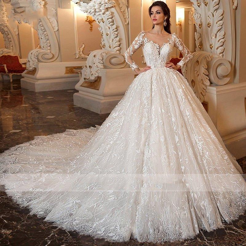 NumberSea - NumberSea luxury Long Sleeve Flowers Lace Ball Gown Wedding Dresses Chic Appliques Beaded Cathedral Vintage Train Bridal Gowns Talla Gran