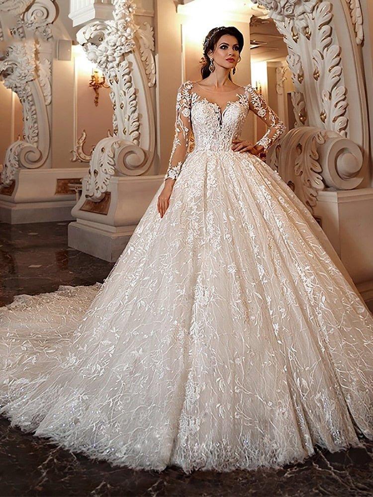NumberSea - NumberSea luxury Long Sleeve Flowers Lace Ball Gown Wedding Dresses Chic Appliques Beaded Cathedral Vintage Train Bridal Gowns Talla Gran