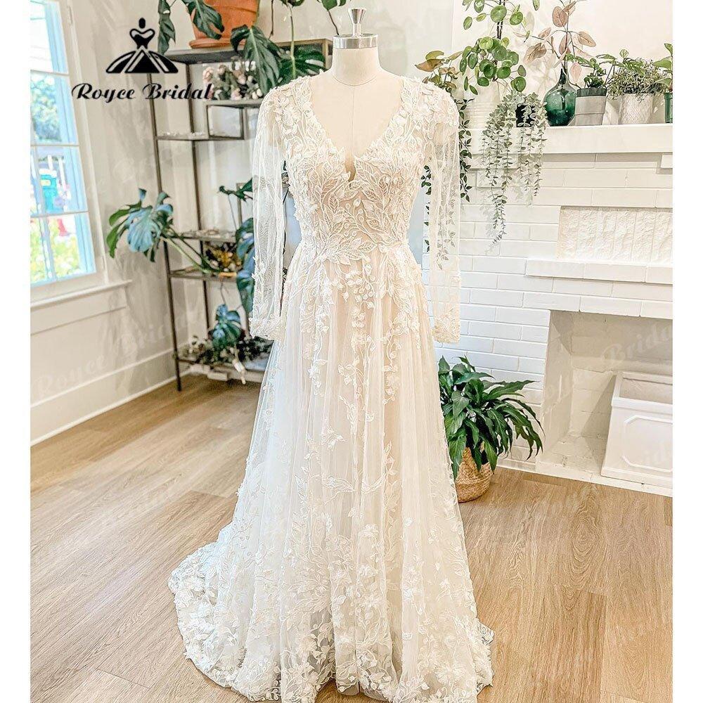 NumberSea - NumberSea Luxury Long Sleeve Lace Floral Wedding Dress with V Neck 2025 Appliques Boho Bridal Gown Women vestido de novia para boda civil