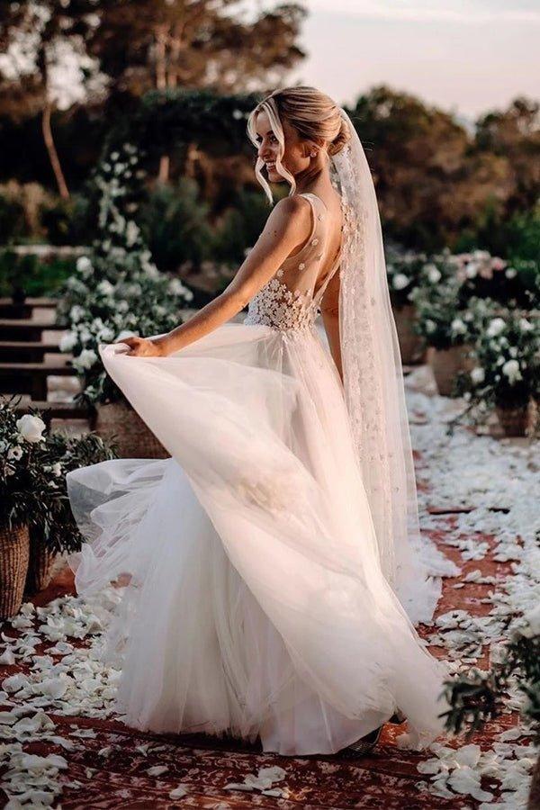 NumberSea - NumberSea Marvelous Tulle V - neck A - line Wedding Dresses With Flowers Bridal Gowns,MW456