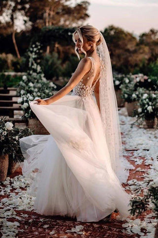 NumberSea - NumberSea Marvelous Tulle V - neck A - line Wedding Dresses With Flowers Bridal Gowns,MW456