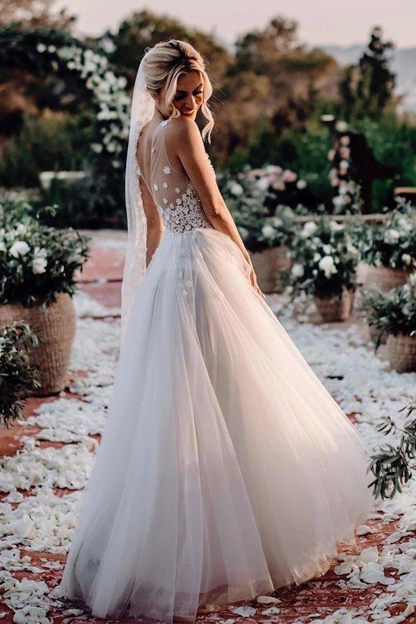 NumberSea - NumberSea Marvelous Tulle V - neck A - line Wedding Dresses With Flowers Bridal Gowns,MW456