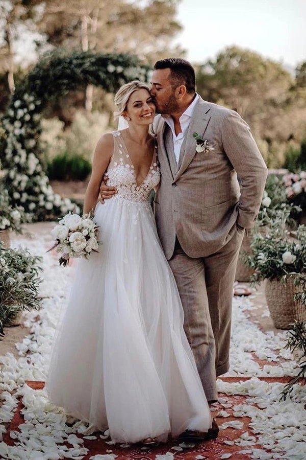 NumberSea - NumberSea Marvelous Tulle V - neck A - line Wedding Dresses With Flowers Bridal Gowns,MW456