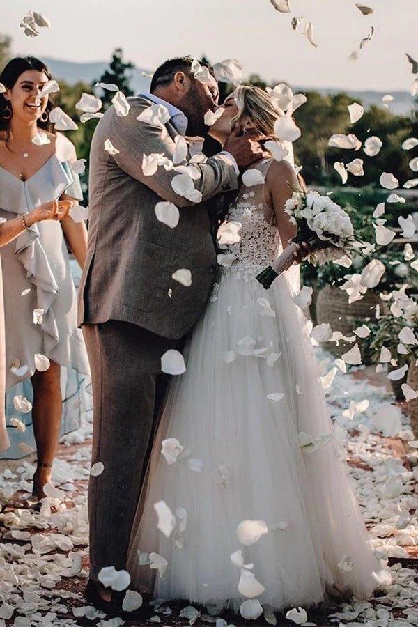 NumberSea - NumberSea Marvelous Tulle V - neck A - line Wedding Dresses With Flowers Bridal Gowns,MW456