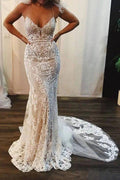 NumberSea - NumberSea Mermaid Lace Appliques Spaghetti Straps V - Neck Ivory Wedding Dresses,MW311