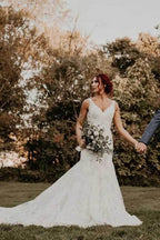 NumberSea - NumberSea Mermaid V - neck Lace Beaded Wedding Dresses With Train, Bridal Gown, MW802