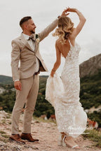 NumberSea - NumberSea Mermaid V - neck Open Back Lace Appliques Beach Wedding Dresses, MW871