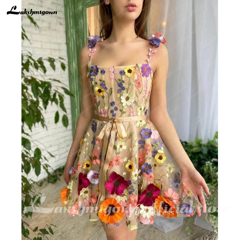 NumberSea - NumberSea Mini A - Line Skirt Lace Party Gowns With 3D Flowes Straps Sweetheart Formal Dresses Colorful Appliques Wedding Gown