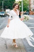 NumberSea - NumberSea Modest A - line V - neck Half Sleeves Tea Length Taffeta Wedding Dresses, MW531