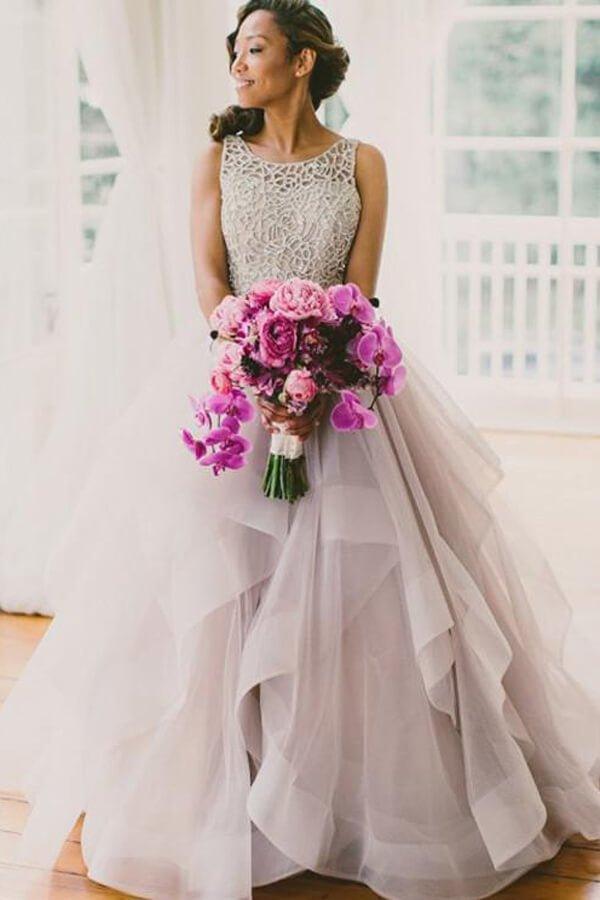 NumberSea - NumberSea Modest Tulle A - line Scoop Sweep Train Wedding Dresses, Bridal Gowns, MW604