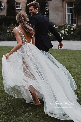 NumberSea - NumberSea Modest Tulle A - line V - neck Beach Wedding Dresses With Lace Appliques, MW943