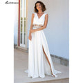 NumberSea - NumberSea Modest Two pieces White Wedding Dress V Neck Simple Bridal Gowns Font Slit Chiffon Floor Length Bridal Dresses