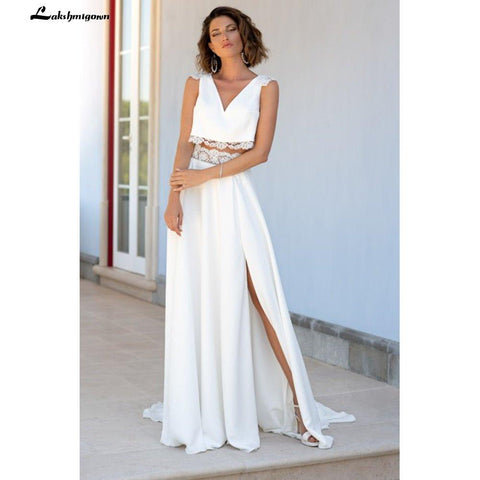 NumberSea - NumberSea Modest Two pieces White Wedding Dress V Neck Simple Bridal Gowns Font Slit Chiffon Floor Length Bridal Dresses