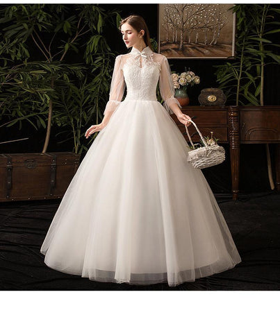 NumberSea - NumberSea New High Neck Three Quarter Sleeve Wedding Dress Sexy Illusion Lace Applique Plus Size Vintage Bridal Gown Robe De Mariee L