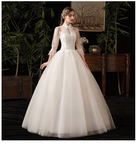 NumberSea - NumberSea New High Neck Three Quarter Sleeve Wedding Dress Sexy Illusion Lace Applique Plus Size Vintage Bridal Gown Robe De Mariee L