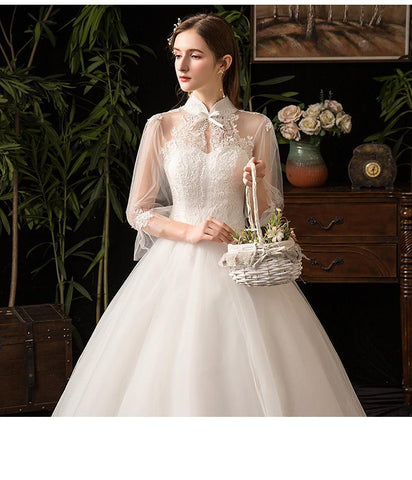 NumberSea - NumberSea New High Neck Three Quarter Sleeve Wedding Dress Sexy Illusion Lace Applique Plus Size Vintage Bridal Gown Robe De Mariee L