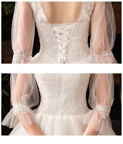 NumberSea - NumberSea New High Neck Three Quarter Sleeve Wedding Dress Sexy Illusion Lace Applique Plus Size Vintage Bridal Gown Robe De Mariee L