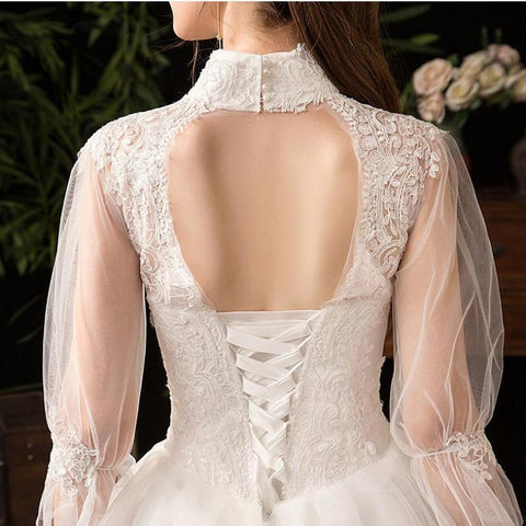 NumberSea - NumberSea New High Neck Three Quarter Sleeve Wedding Dress Sexy Illusion Lace Applique Plus Size Vintage Bridal Gown Robe De Mariee L
