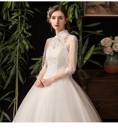 NumberSea - NumberSea New High Neck Three Quarter Sleeve Wedding Dress Sexy Illusion Lace Applique Plus Size Vintage Bridal Gown Robe De Mariee L