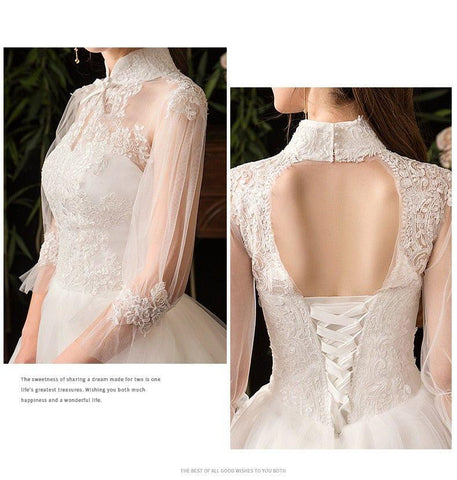NumberSea - NumberSea New High Neck Three Quarter Sleeve Wedding Dress Sexy Illusion Lace Applique Plus Size Vintage Bridal Gown Robe De Mariee L