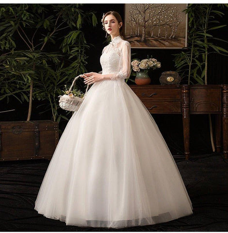 NumberSea - NumberSea New High Neck Three Quarter Sleeve Wedding Dress Sexy Illusion Lace Applique Plus Size Vintage Bridal Gown Robe De Mariee L