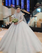 NumberSea - NumberSea New Luxury Lace Ball Gown Wedding Dresses Long Sleeves Beaded Appliques Jewel Neck Court Train Wedding Bridal Gowns Custom Made